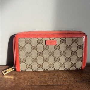 Gucci Beige and Orange Monogram Zip Wallet
